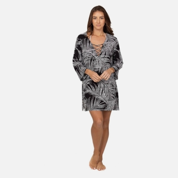 Palm Print Lace Up Plus Size Swim Suit Beach Cover Up Tunic New XXL - Picture 2 of 9